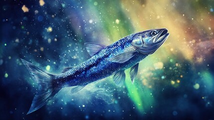 Blue fish swimming in a colorful nebula.