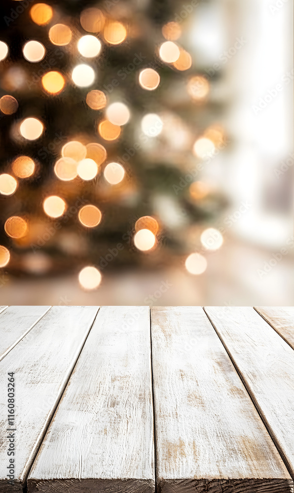 Poster white rustic table with bokeh christmas lights in the background, front view, providing an empty sur