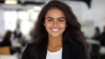 Fototapeta premium Confidently Smiling Businesswoman Portrait Photo: Modern Office Background. AI Generated