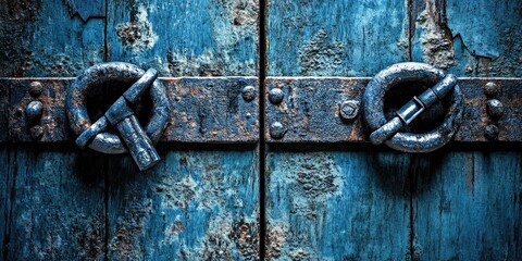 Close-up of rusty metal door locks on weathered blue wooden doors.