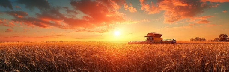 Combine Harvester in Golden Wheat Field at Sunset