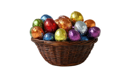 Colorful Chocolate Eggs in Woven Basket Ready for Easter Celebration and Spring Festivities, Vibrant Foil Wrapping for Festive Occasions