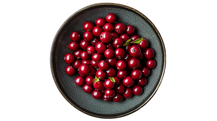 Chokeberry in a dark plate, top view, white background