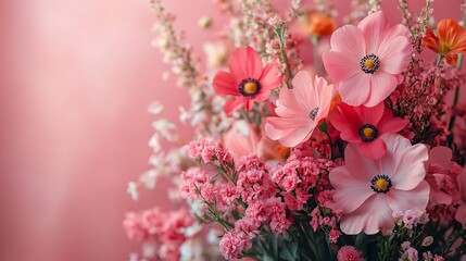 Flowers in a vase against a pink background create an abstract floral artwork, suitable for wallpaper, posters, or decoration