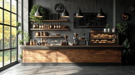 A modern loft cafe features a minimalist counter, artisanal items, hanging plants, and open shelving