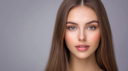 Naklejka premium Close-up Photo: Serene Woman with Long Brown Hair Against a Soft Gray Background. AI Generated
