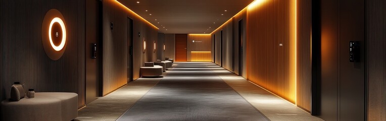 A hallway in a modern hotel showcases motion-sensor lighting and sleek futuristic doors, emphasizing clean design