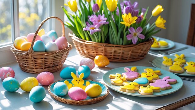 Brightly colored eggs, sweet treats, and blooming flowers create a joyful family Easter celebration at a sunlit table in the warmth of spring