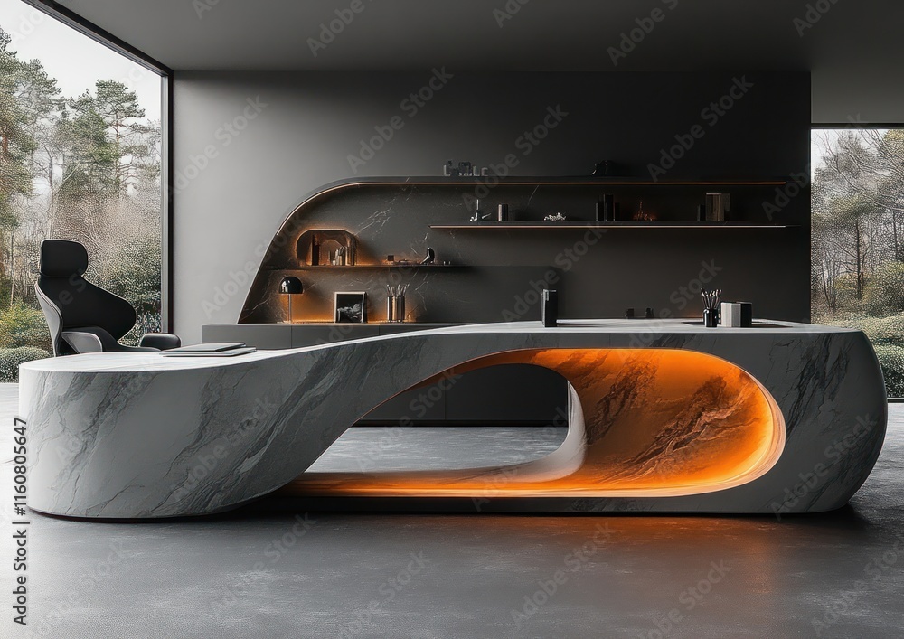 Poster this workspace features a modern desk and chair design with a minimalist style and a calm nature bac