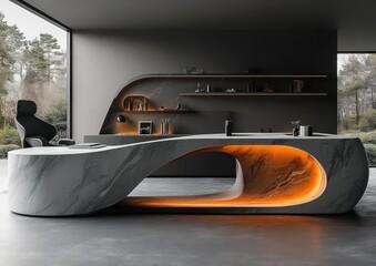 This workspace features a modern desk and chair design with a minimalist style and a calm nature backdrop