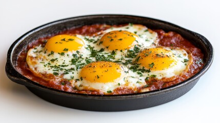 Rustic skillet of baked eggs in spicy tomato sauce, garnished with fresh parsley and served as a hearty and flavorful brunch or dinner option