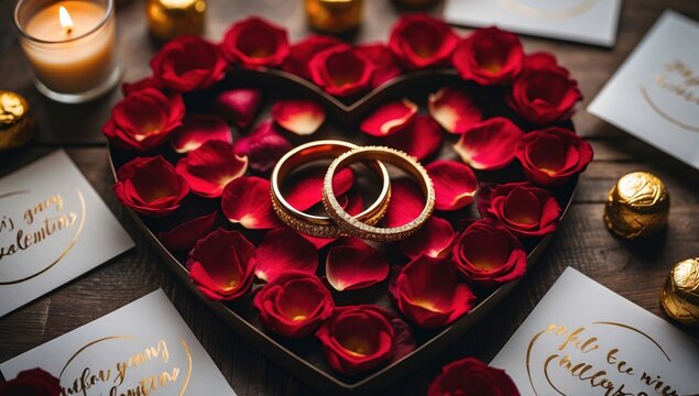 Romantic flatlay featuring golden wedding rings nestled in vibrant rose petals, surrounded by heartfelt notes and sweet treats for an unforgettable Valentine's Day celebration
