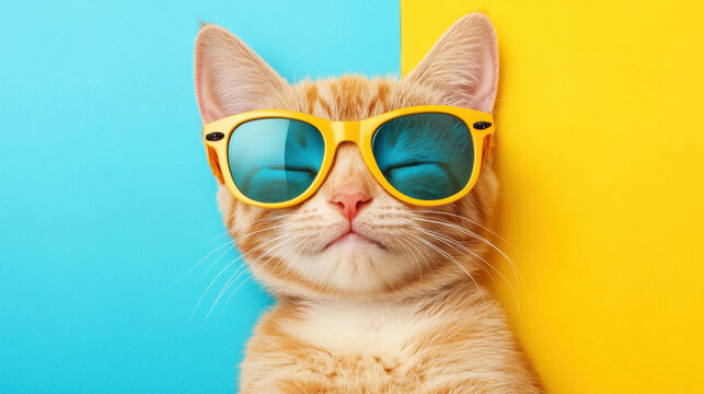 A stylish orange cat wearing yellow sunglasses against a vibrant blue and yellow background, exuding a cool and playful vibe.