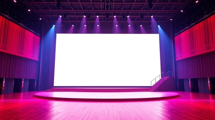 Stage Ready: A large, blank LED screen dominates a modern event stage bathed in vibrant pink and blue lighting.  Perfect for presentations, concerts, or product launches.
