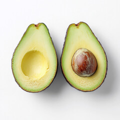 Freshly cut avocado halves showcasing smooth green flesh and a prominent seed for culinary use