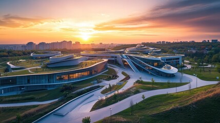 Sunrise over a modern, curved campus with green roofs.
