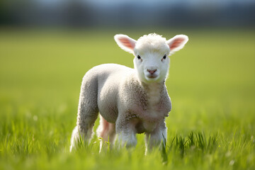 Innocent Delight: A Juvenile Ewe Lamb Grazing in Vibrant Green Pastures