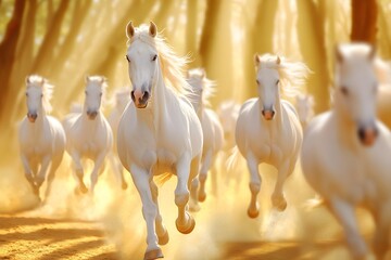 A herd of white horses galloping in the sunlight, with mist rising from their hooves and ears standing straight up as they run across an open field under ancient trees