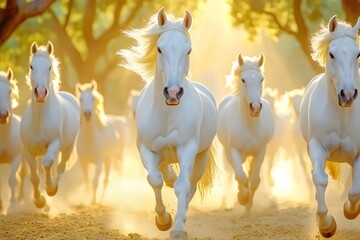 Obraz premium A herd of white horses galloping in the sunlight, with mist rising from their hooves and ears standing straight up as they run across an open field under ancient trees