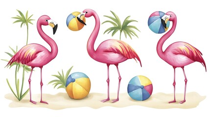 Obraz premium Cute Watercolor Flamingos with Beach Balls Against Tropical Background