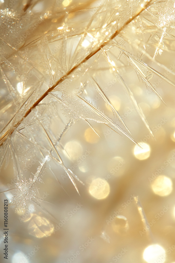 Poster close-up of intricate ice crystals on a golden branch with soft bokeh lights