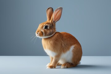 Obraz premium there is a brown rabbit sitting on a table with a gray background