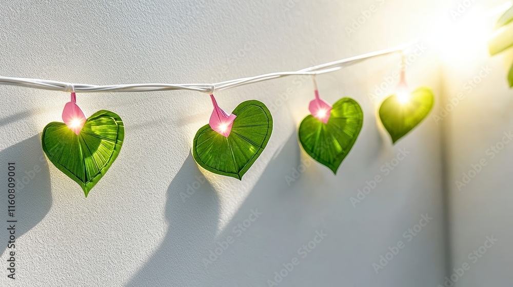 Poster colorful string lights with heart-shaped green leaves, creating a warm and inviting atmosphere again