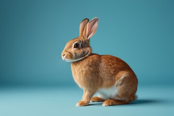 Fototapeta premium there is a brown rabbit sitting on a blue surface
