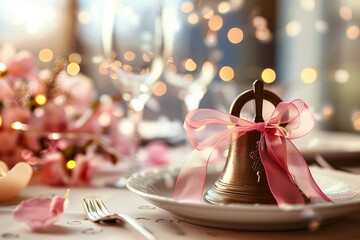 HD view of bell with ribbon, table setting, beautiful background, school ending.