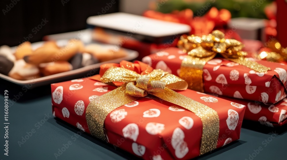 Poster wrapped gifts with festive bows and decorative patterns are displayed on a table, creating a joyful 