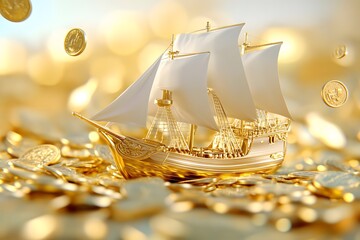A golden ship with gold coins floating in the air, with an overall background of light yellow and gold colors. The sail is covered by large shiny metal coins that float around it