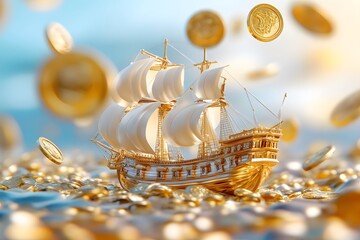 A golden ship with gold coins floating in the air, with an overall background of light yellow and gold colors. The sail is covered by large shiny metal coins that float around it