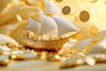 A golden ship with gold coins floating in the air, with an overall background of light yellow and gold colors. The sail is covered by large shiny metal coins that float around it