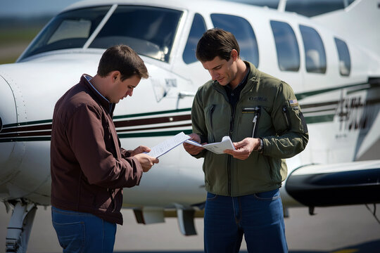 A flight instructor explaining aerodynamics to a student pilot next to a small aircraft.