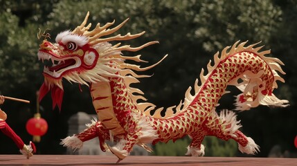 Fototapeta premium A vibrant dragon dance performance showcases a colorful dragon figure, symbolizing good fortune and celebration in traditional festivities.