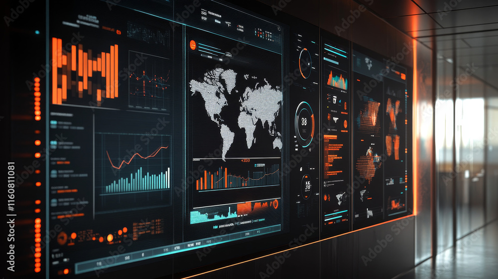 Poster ui interface graphs and charts, infographic elements on futuristic dashboard. world map diagrams and