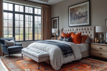 This bedroom features modern and antique furniture, with colorful textiles and unique decor accents