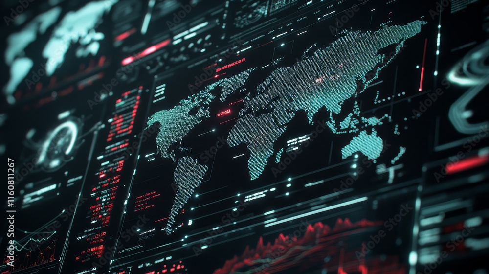 Poster ui interface graphs and charts, infographic elements on futuristic dashboard. world map diagrams and