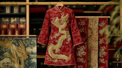 A vibrant red garment featuring a dragon design, displayed elegantly against a backdrop of traditional textile art.
