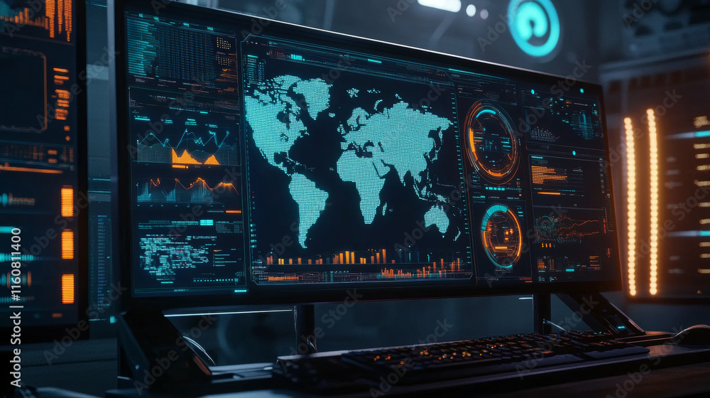 Poster ui interface graphs and charts, infographic elements on futuristic dashboard. world map diagrams and