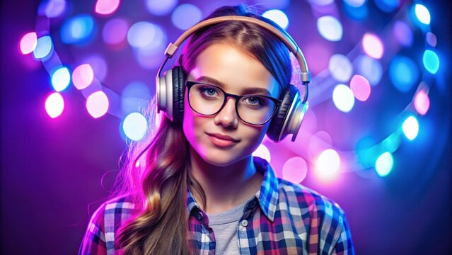 Stylish igen teen hipster pretty fashion girl model wear glasses headphones enjoy listen new dance music mix look at camera at purple studio background trendy 80s party light, portrait website banner
