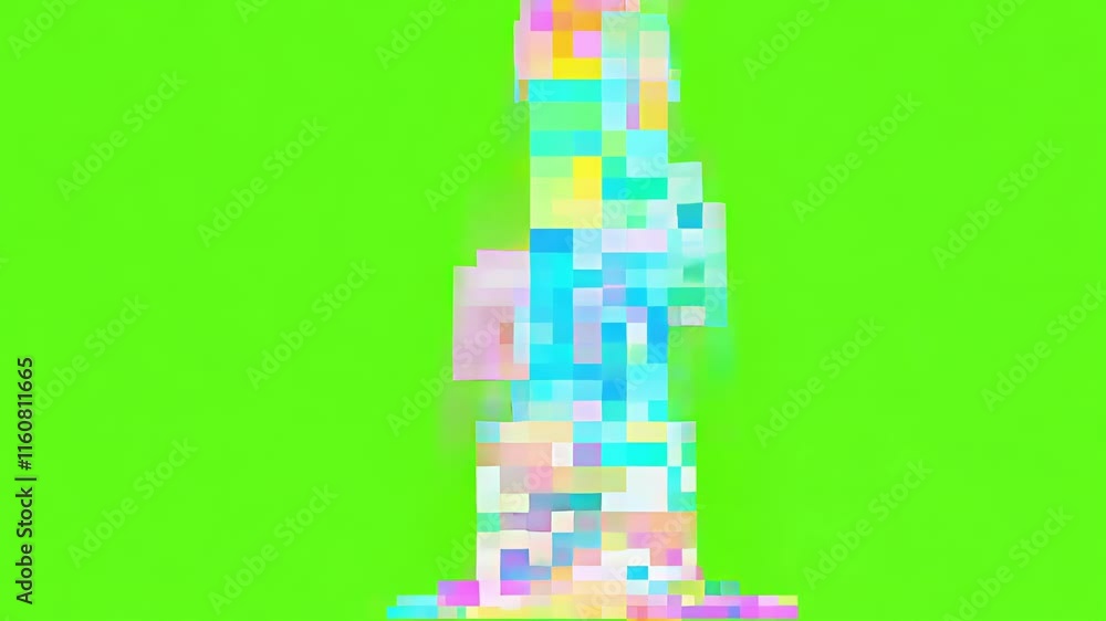 Poster colorful pixels cascading down in a waterfall effect contrasting with a bright green backdrop. green