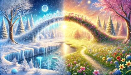 Obraz premium A Serene Horizontal Fantasy Painting Depicting a Magical Bridge Transitioning from Winter's Snowy Tranquility to Spring's Blooming Vibrancy