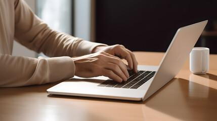 Beige and White Style Workspace with Wooden Table, Person Using Computer, Minimal Retouching Aesthetic, UHD Image Quality, Soft Shading and Minimalist Detail.