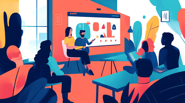 pitch meeting with team members presenting innovative ideas to stakeholders, using visuals and storytelling techniques 