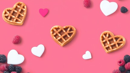 Fototapeta premium A vibrant flat lay of heart-shaped waffles surrounded by berries and cute heart shapes on a pink background, perfect for celebrations or sweet treats.