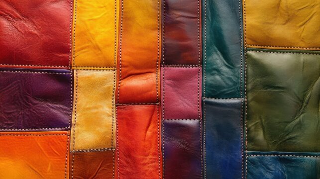 rich, textured background where rainbow-colored leather panels are stitched together in a patchwork pattern. The mix of colors and textures adds depth and character to the design.