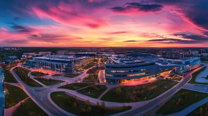 Obraz premium Panoramic sunset view of modern buildings and campus.