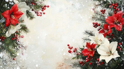 Elegant Christmas Frame Featuring Impressive Red and White Flowers with Festive Berries and Pine, Ideal for Holiday Greeting Cards and Decorations