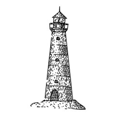 tower lighthouse hand drawn. lightkeeper lens, signal guide, ocean safety tower lighthouse vector sketch. isolated black illustration